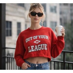 Y2K Cropped Red Graphic Sweatshirt "Out of Your League" Model Off Duty
